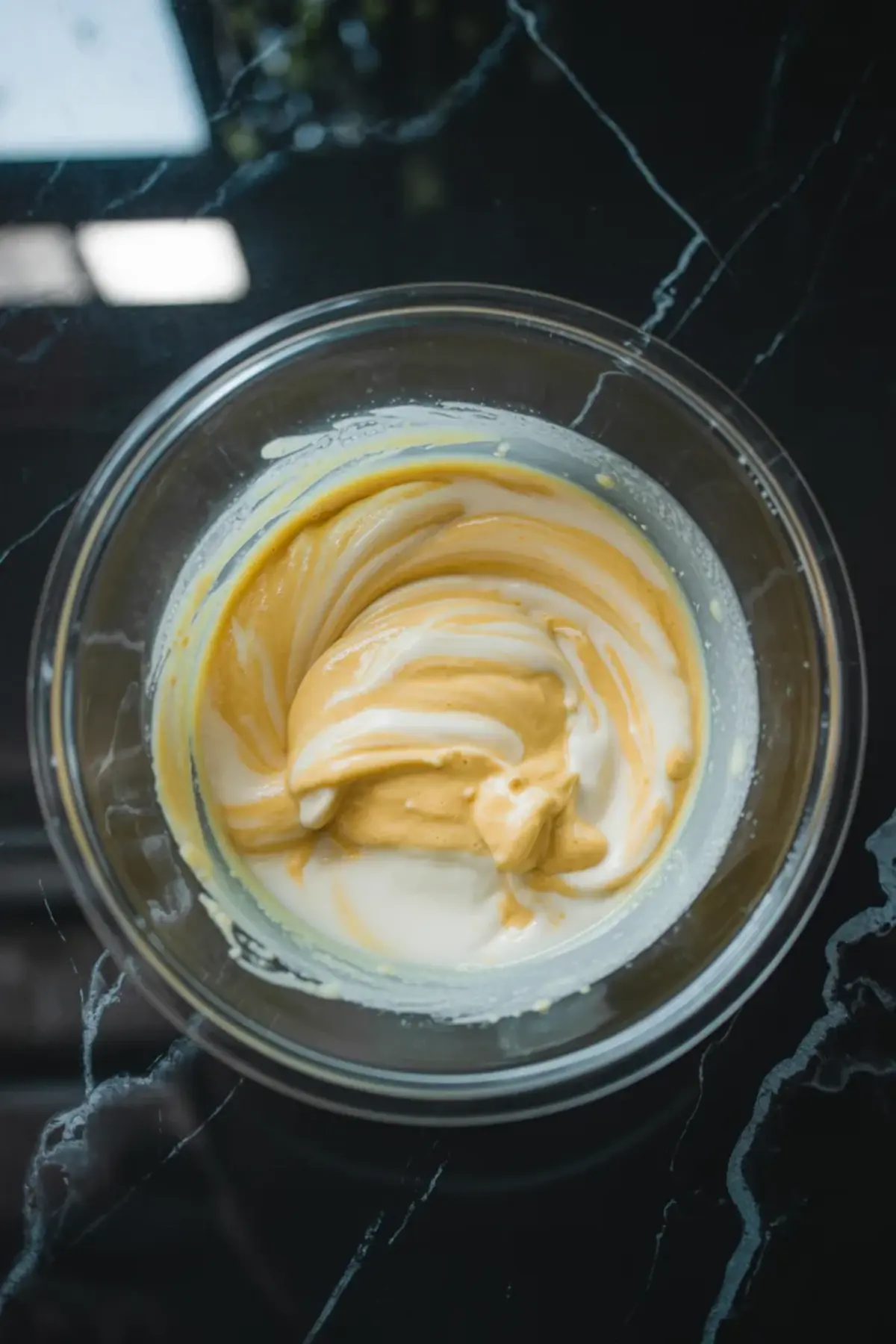 The pudding and whipped topping mixture is folded together in a bowl while making blueberry fluff salad.