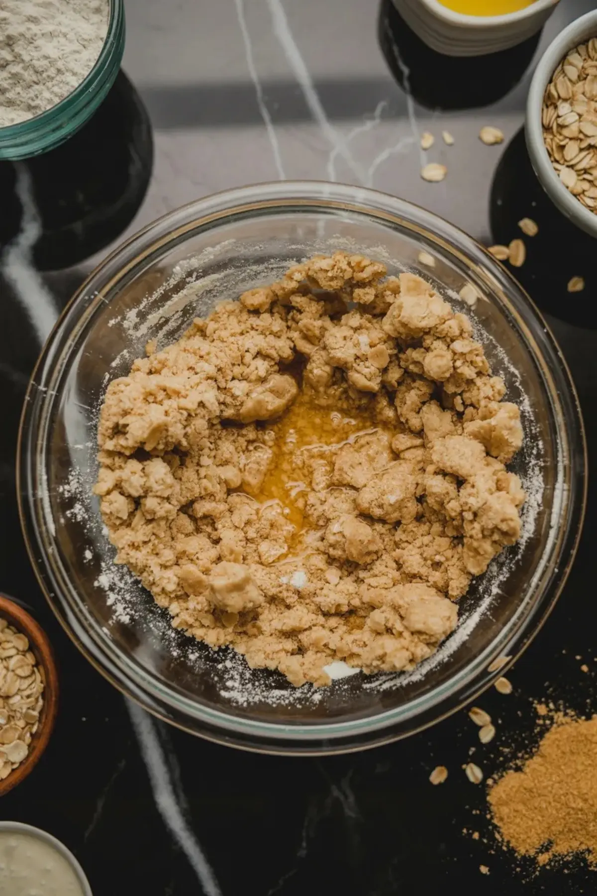 Brown butter crumble mixture is stirred in a glass bowl for brown butter peach crisp bars.