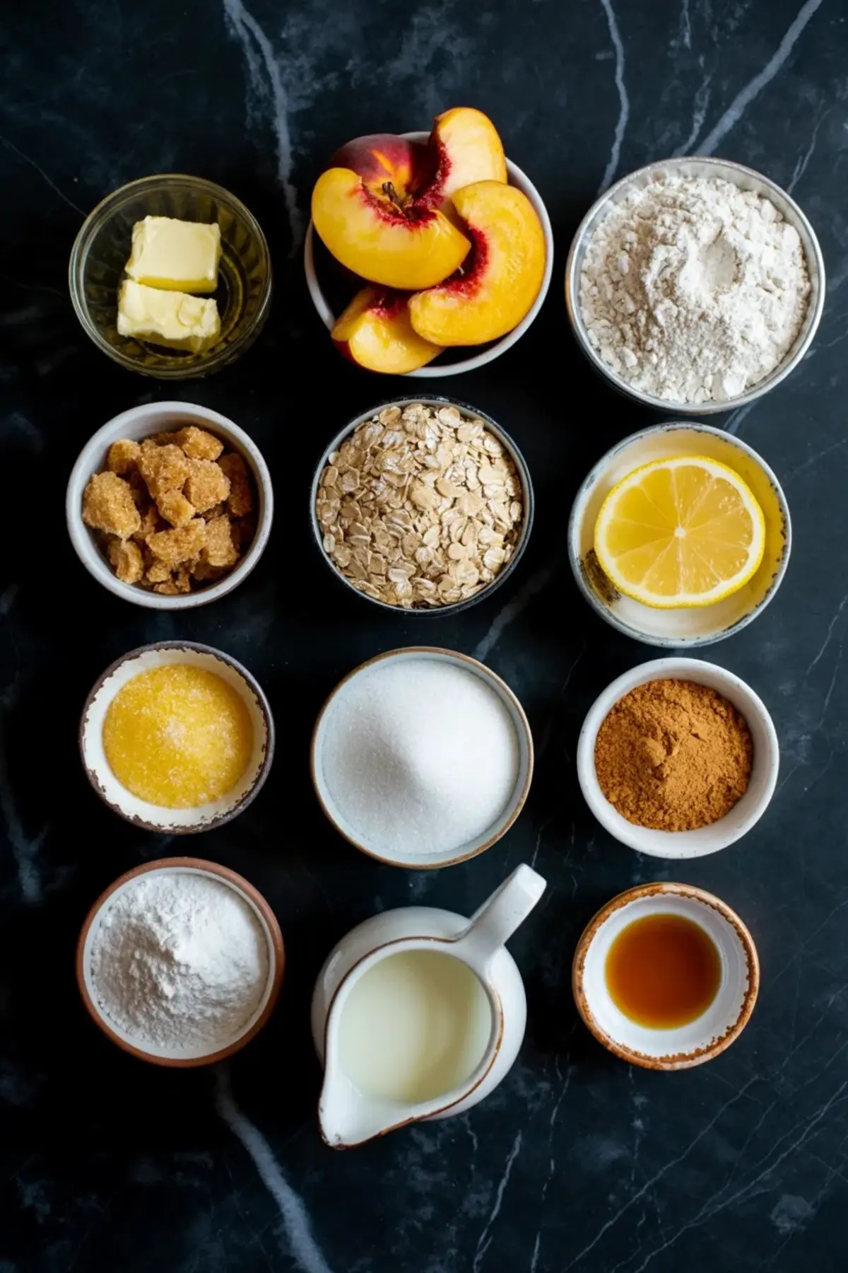 Ingredients for brown butter peach crisp bars are arranged with peaches, flour, oats, butter, sugars, lemon, cinnamon, milk, vanilla, and powdered sugar on a black marble surface.