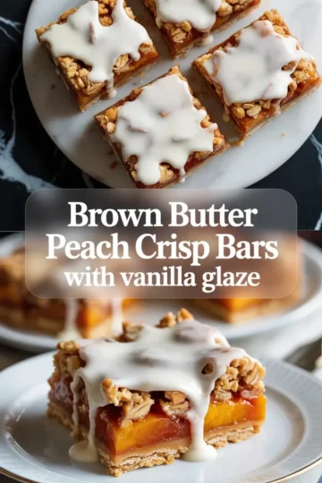 Brown butter peach crisp bars with vanilla glaze on plates, showing a thick peach filling, oat crumble topping, and white glaze drizzled over each bar.
