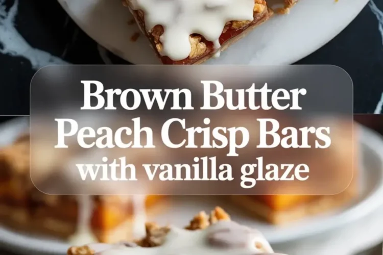Brown butter peach crisp bars with vanilla glaze on plates, showing a thick peach filling, oat crumble topping, and white glaze drizzled over each bar.