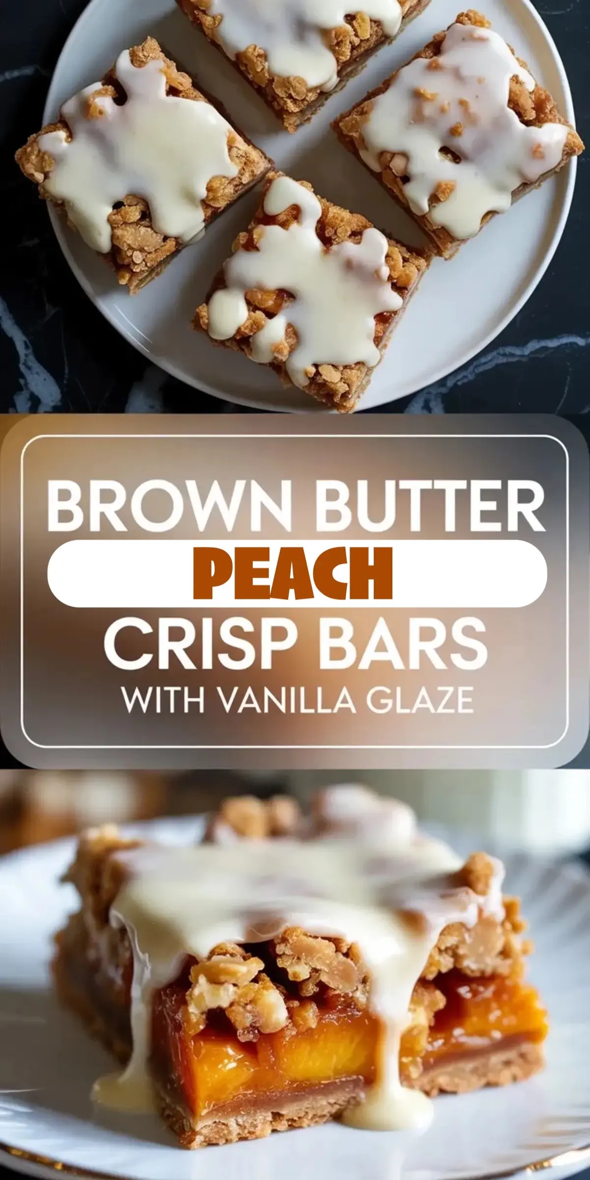 Collage of brown butter peach crisp bars showing several glazed bars on a plate and one close bar with peach filling and crumb topping.