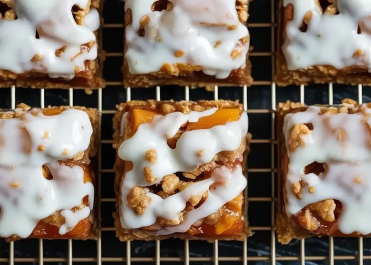 A plated brown butter peach crisp bar with vanilla glaze shows the peach filling, buttery base, and crisp topping in close view.