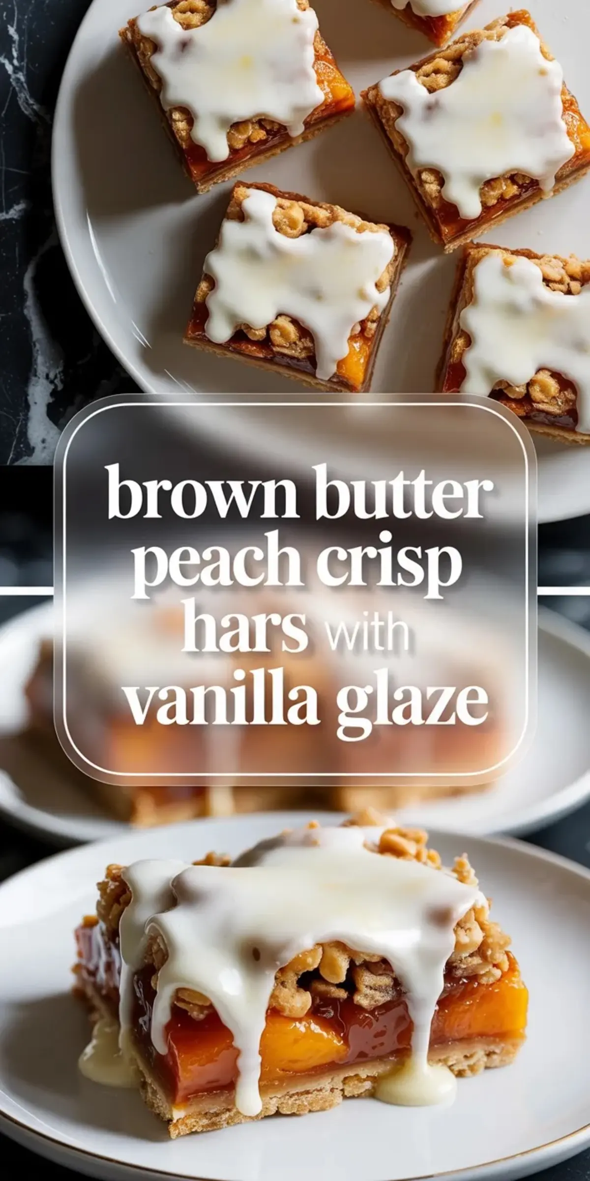 Collage of brown butter peach crisp bars showing glazed bars on a plate and one plated bar with peach filling and vanilla glaze.