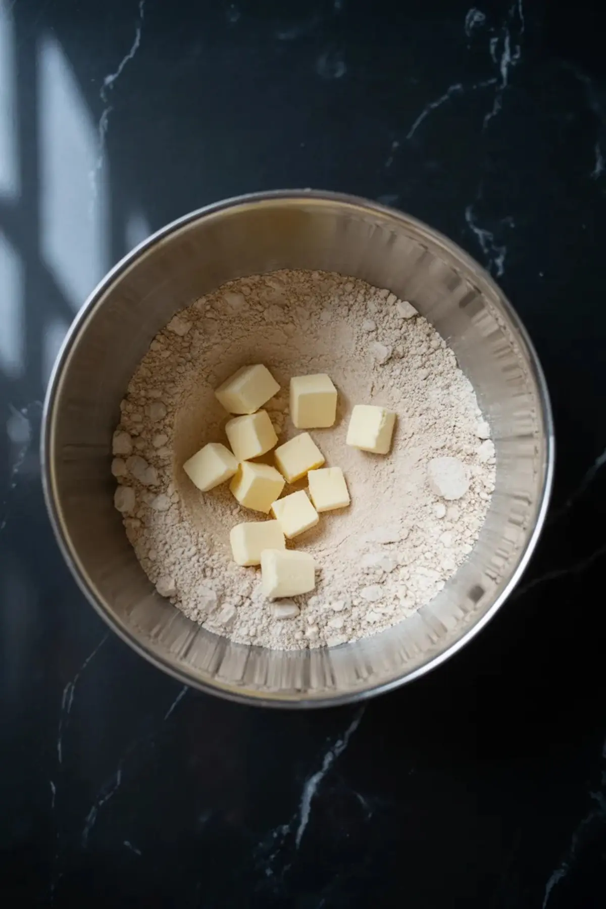 Flour and cold butter cubes sit in a bowl at the start of the peach galette crust.
