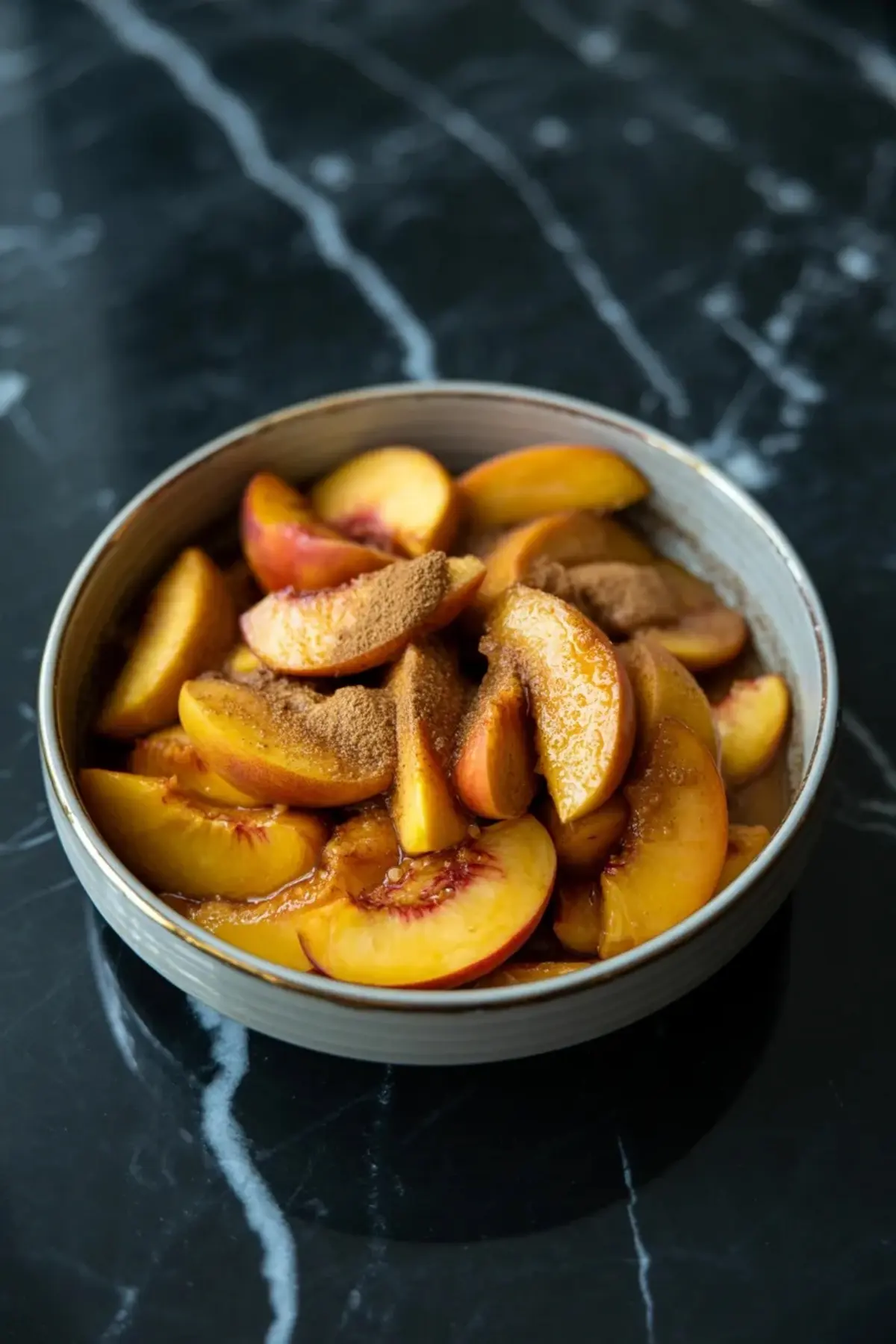 Fresh peach slices are tossed with brown sugar and cinnamon in a bowl for peach galette filling.