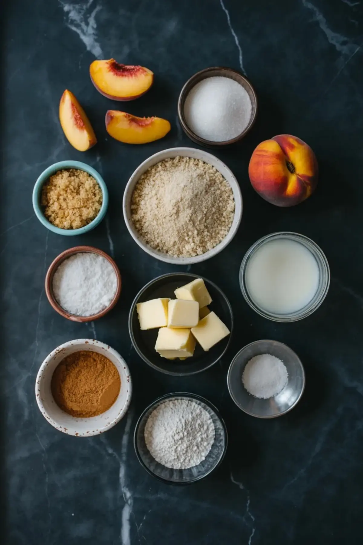 Ingredients for brown sugar peach galette are arranged with peaches, flour, butter, sugars, cinnamon, milk, and salt on a dark marble surface.