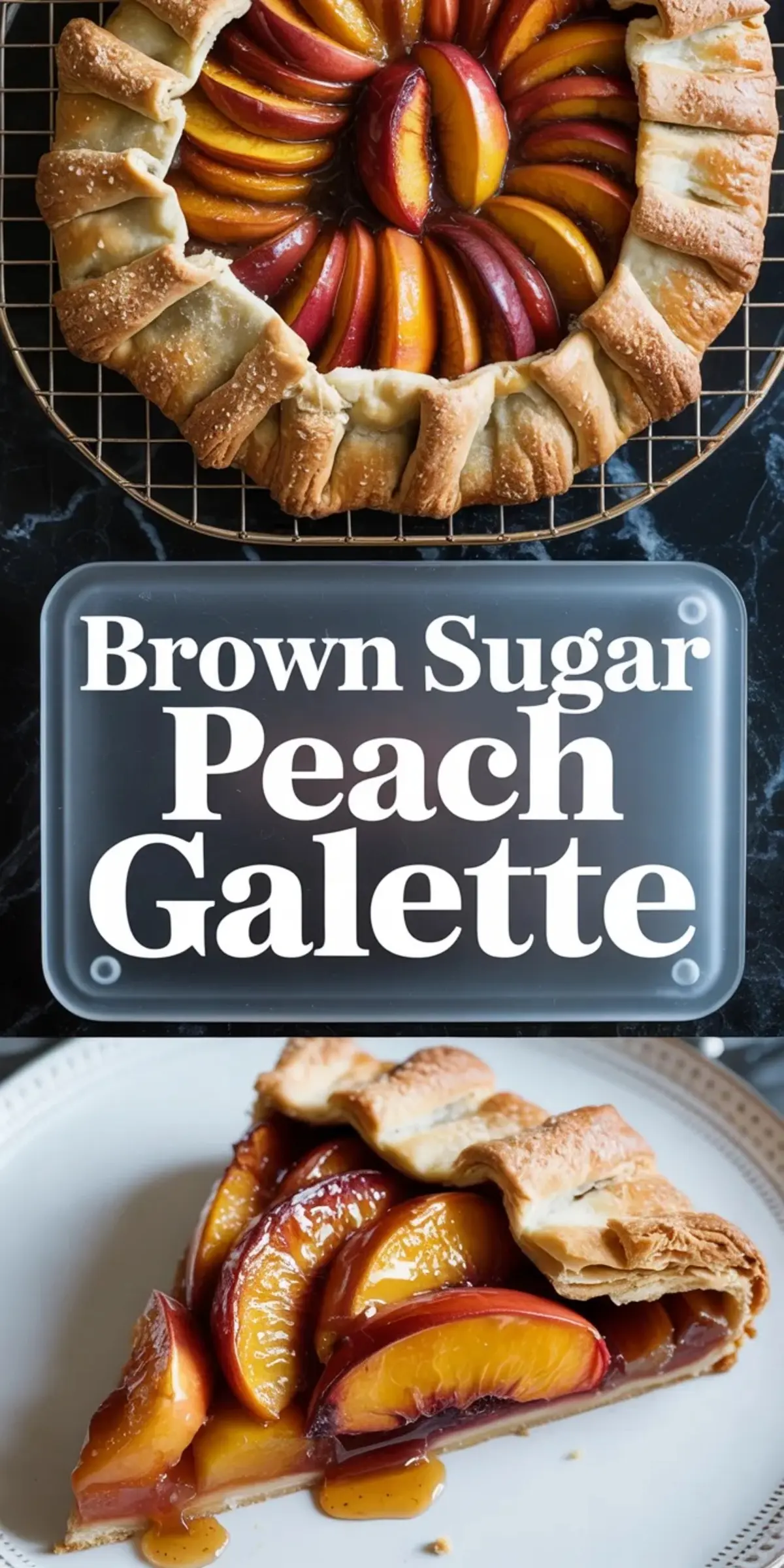 Collage of brown sugar peach galette showing the whole baked galette on a rack and a plated slice with glossy peach filling.