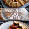 A whole brown sugar peach galette sits on parchment with glossy peach slices and a golden sugared crust.