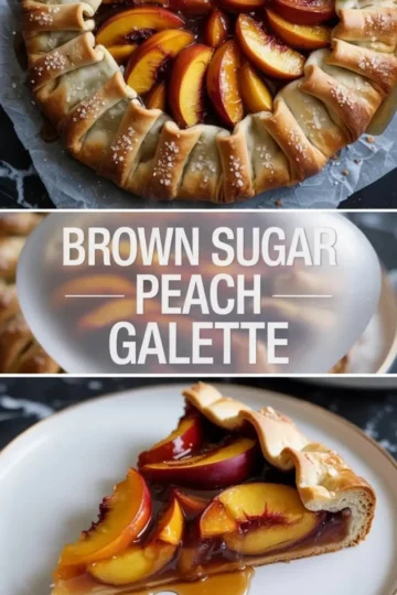 A whole brown sugar peach galette sits on parchment with glossy peach slices and a golden sugared crust.