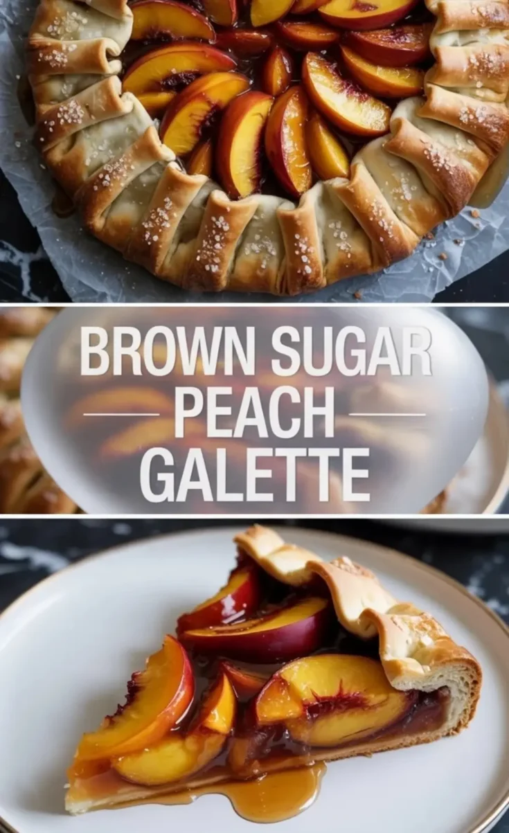 A whole brown sugar peach galette sits on parchment with glossy peach slices and a golden sugared crust.