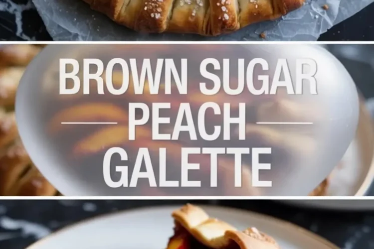 A whole brown sugar peach galette sits on parchment with glossy peach slices and a golden sugared crust.