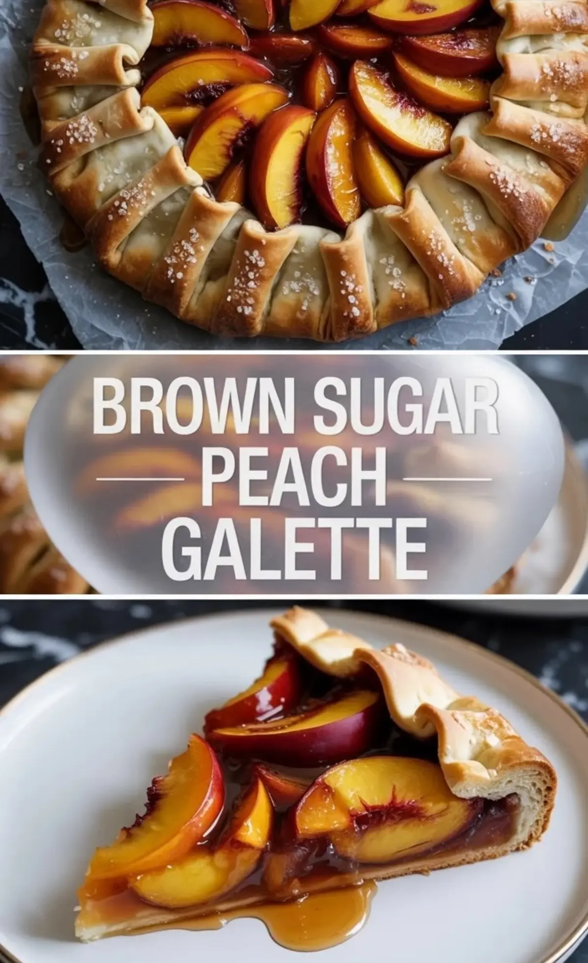A whole brown sugar peach galette sits on parchment with glossy peach slices and a golden sugared crust.