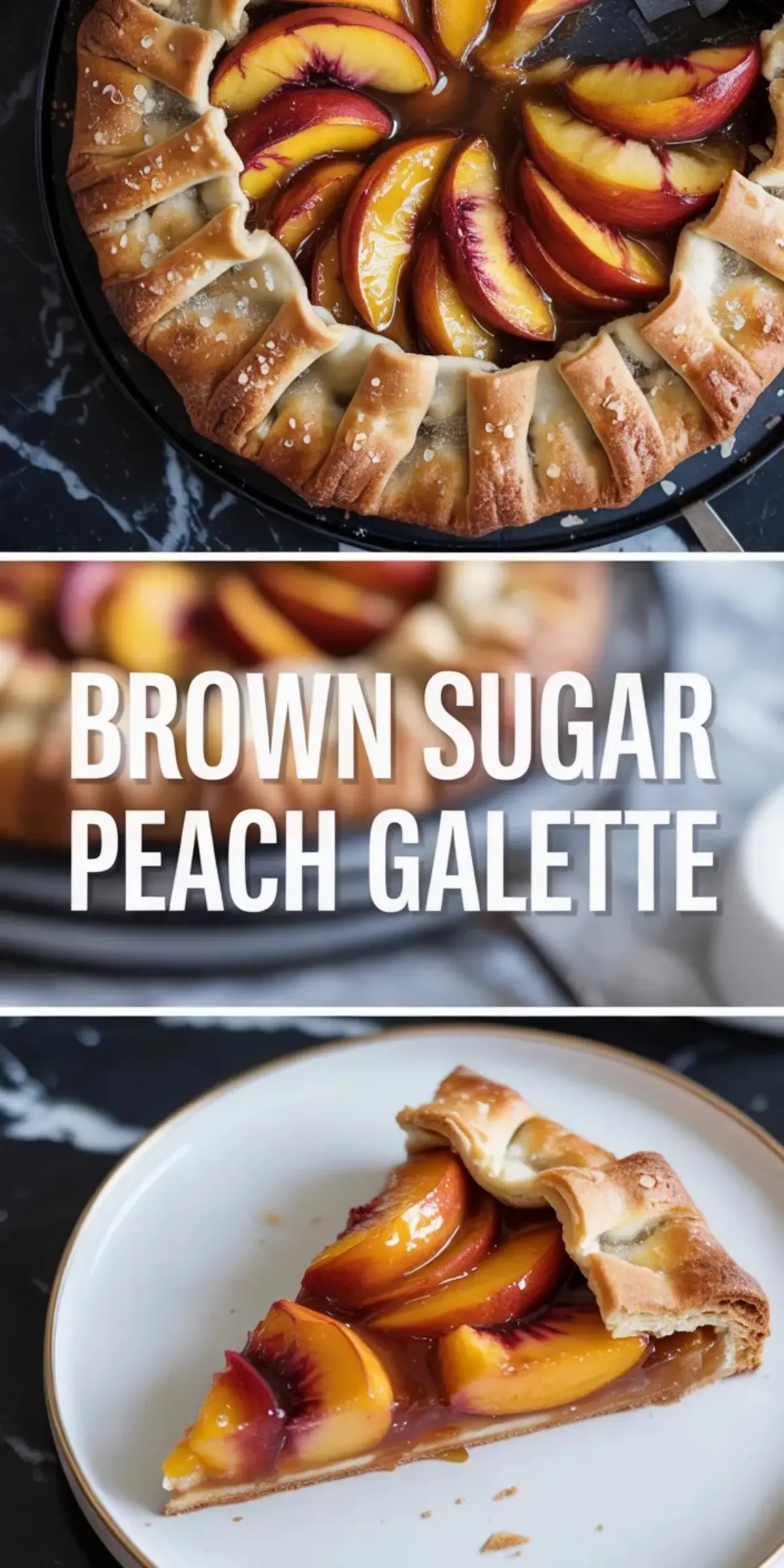 Collage of brown sugar peach galette showing the baked galette in a dark pan and a plated slice on a white plate.