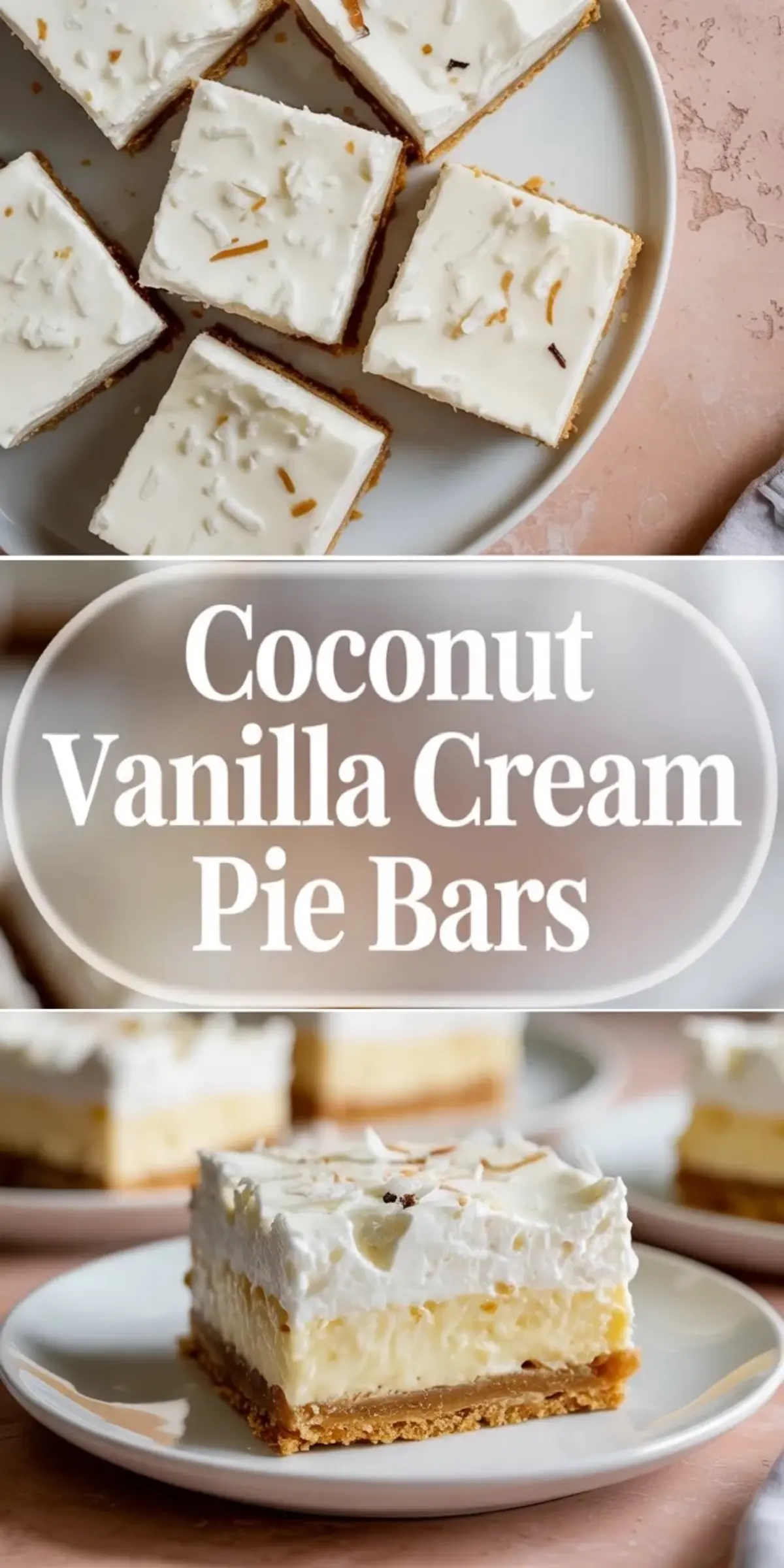 Collage of coconut cream pie bars showing the full chilled pan and several sliced bars with whipped topping and toasted coconut.