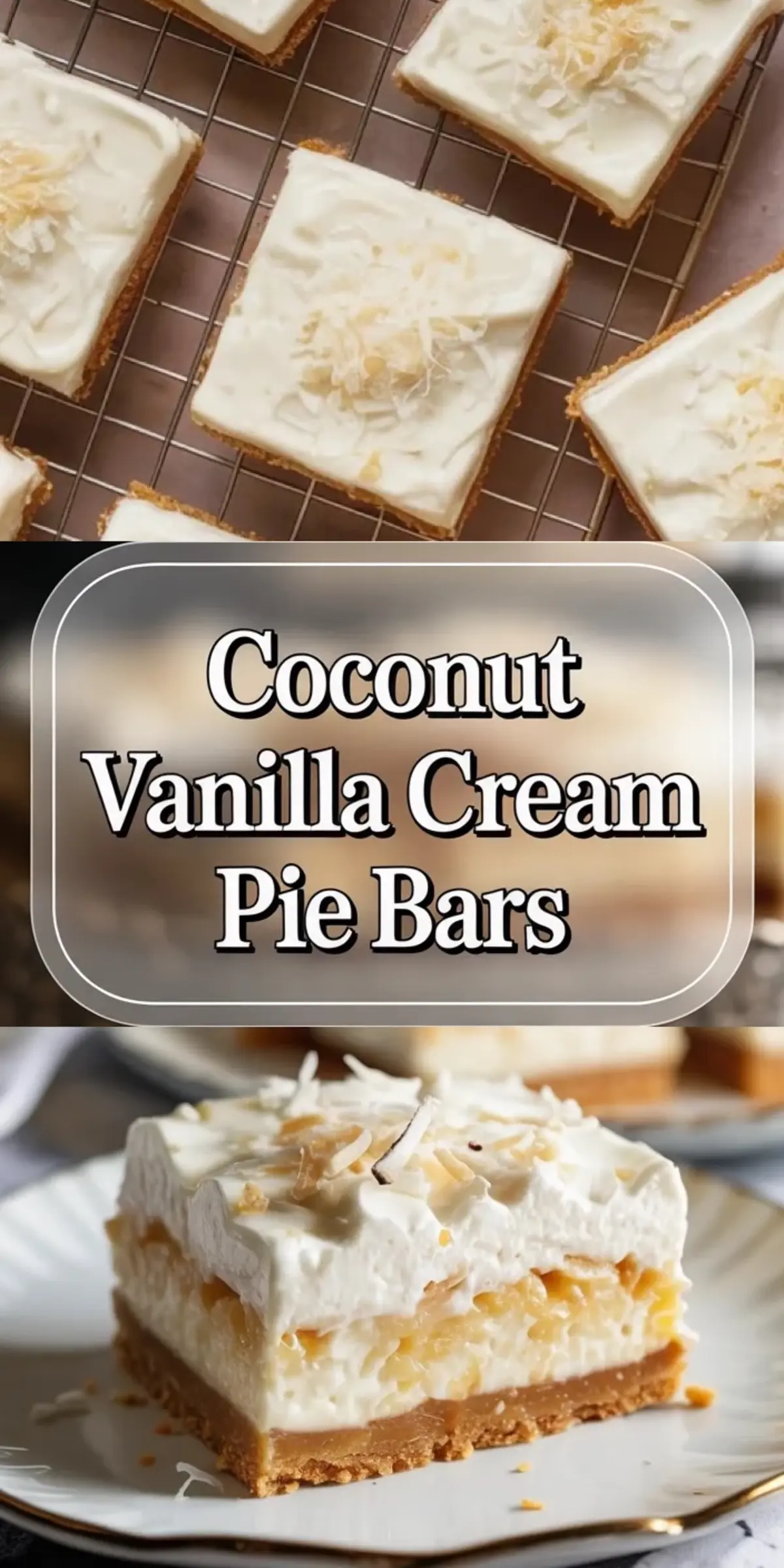 Collage of coconut cream pie bars showing the cut pan and plated cream bars topped with whipped cream and toasted coconut.
