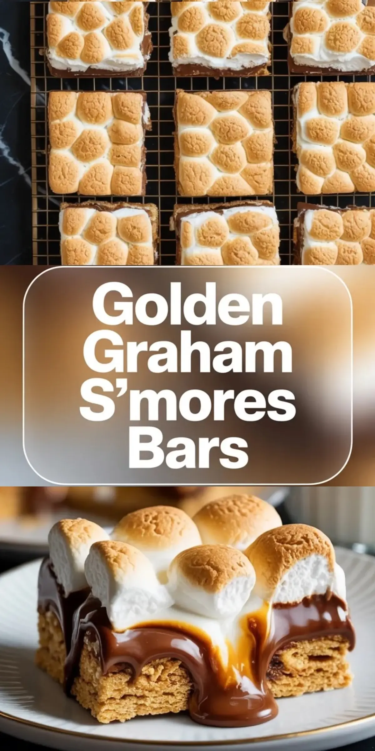Collage of Golden Grahams s’mores bars showing several finished bars on a rack and one gooey bar on a plate.