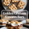 Stacked Golden Grahams s’mores bars sit on a plate with melted chocolate and toasted marshmallows.