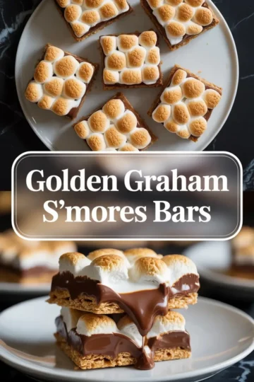 Stacked Golden Grahams s’mores bars sit on a plate with melted chocolate and toasted marshmallows.