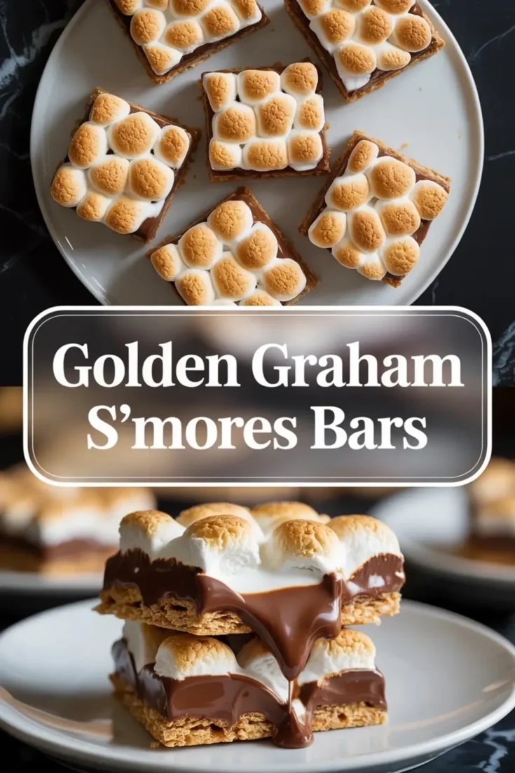 Stacked Golden Grahams s’mores bars sit on a plate with melted chocolate and toasted marshmallows.
