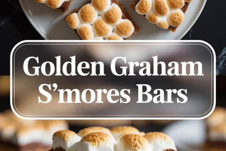 Stacked Golden Grahams s’mores bars sit on a plate with melted chocolate and toasted marshmallows.