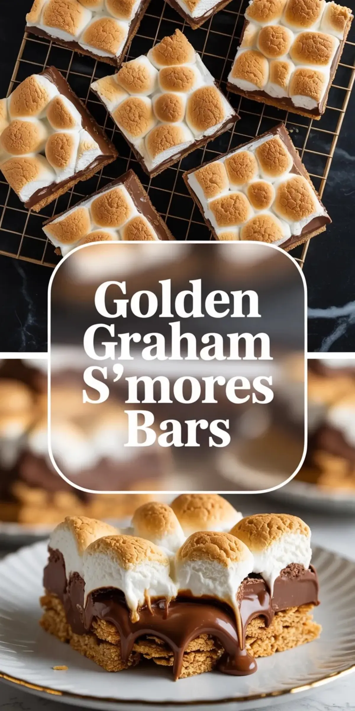Collage of Golden Grahams s’mores bars showing finished bars on a rack and one chocolatey toasted marshmallow bar on a plate.
