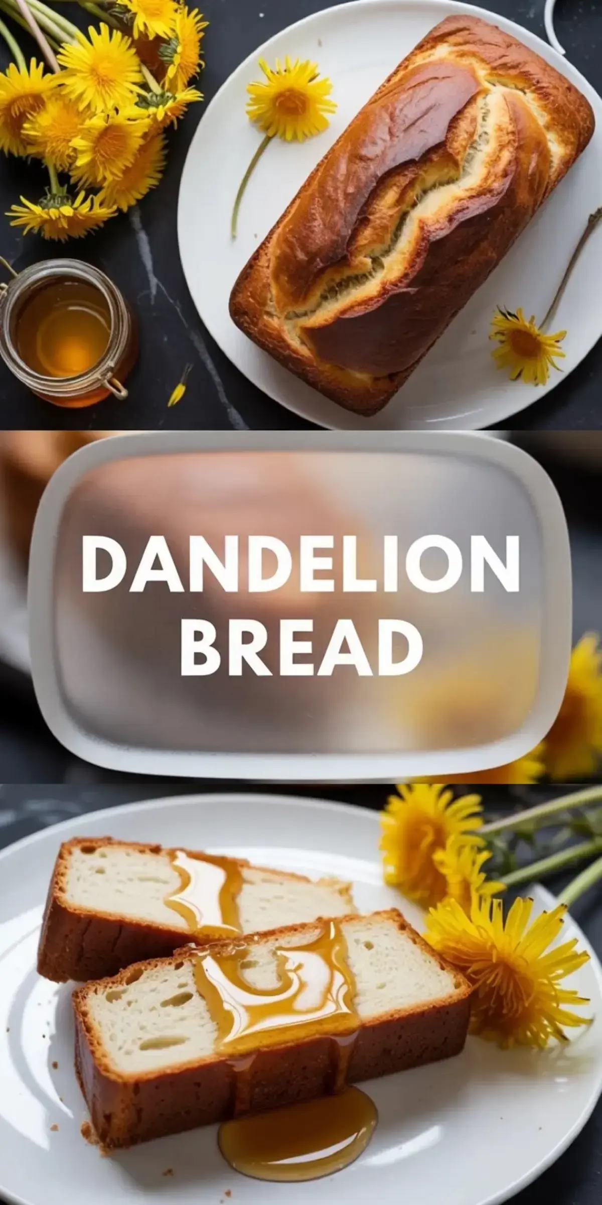 Collage of dandelion bread showing a finished loaf, a title panel, and sliced bread served with honey and dandelion flowers.