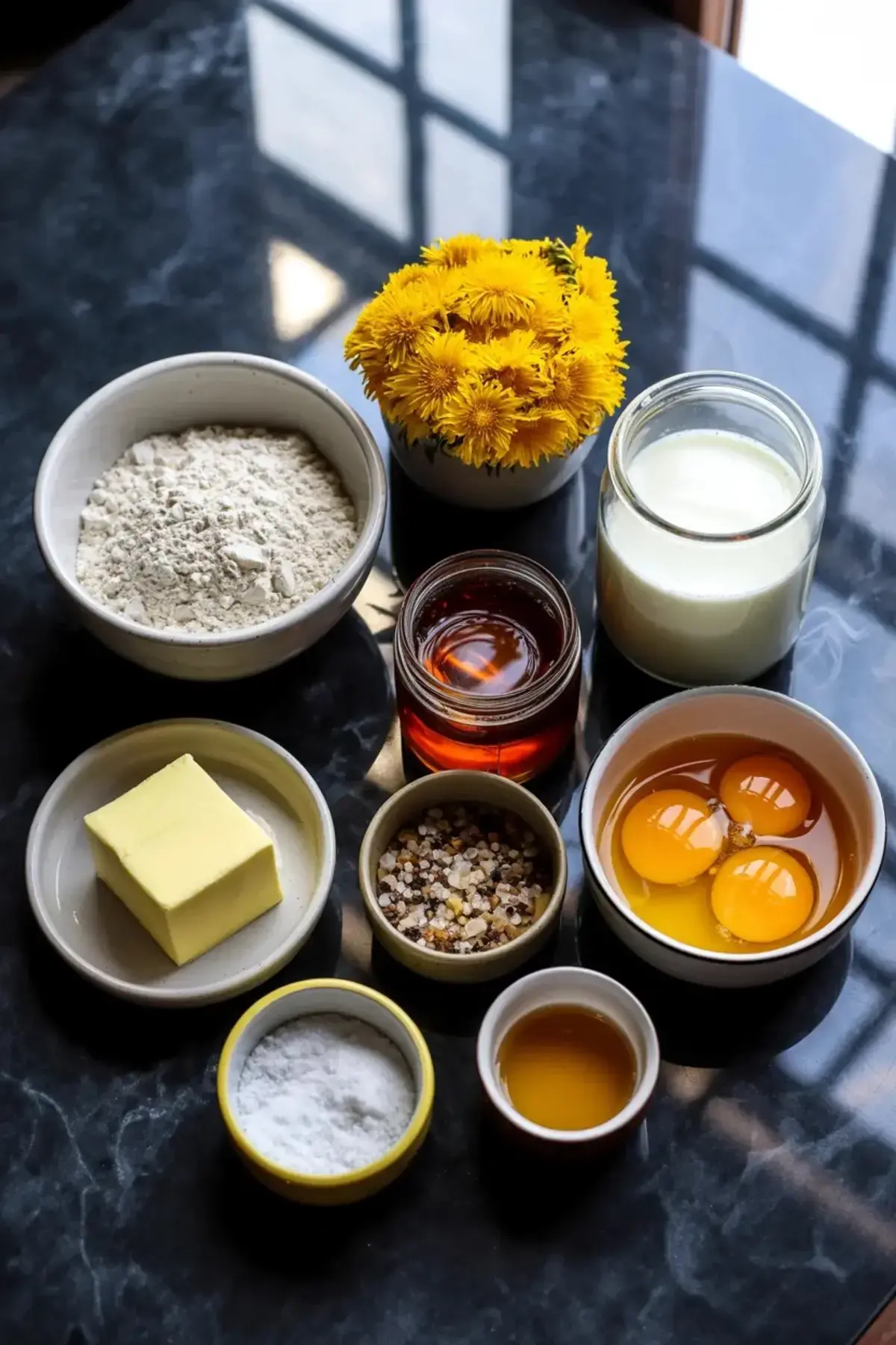 Ingredients for dandelion bread are arranged with flour, fresh dandelion flowers, warm milk, honey, melted butter, eggs, salt, and vanilla on a black marble counter.