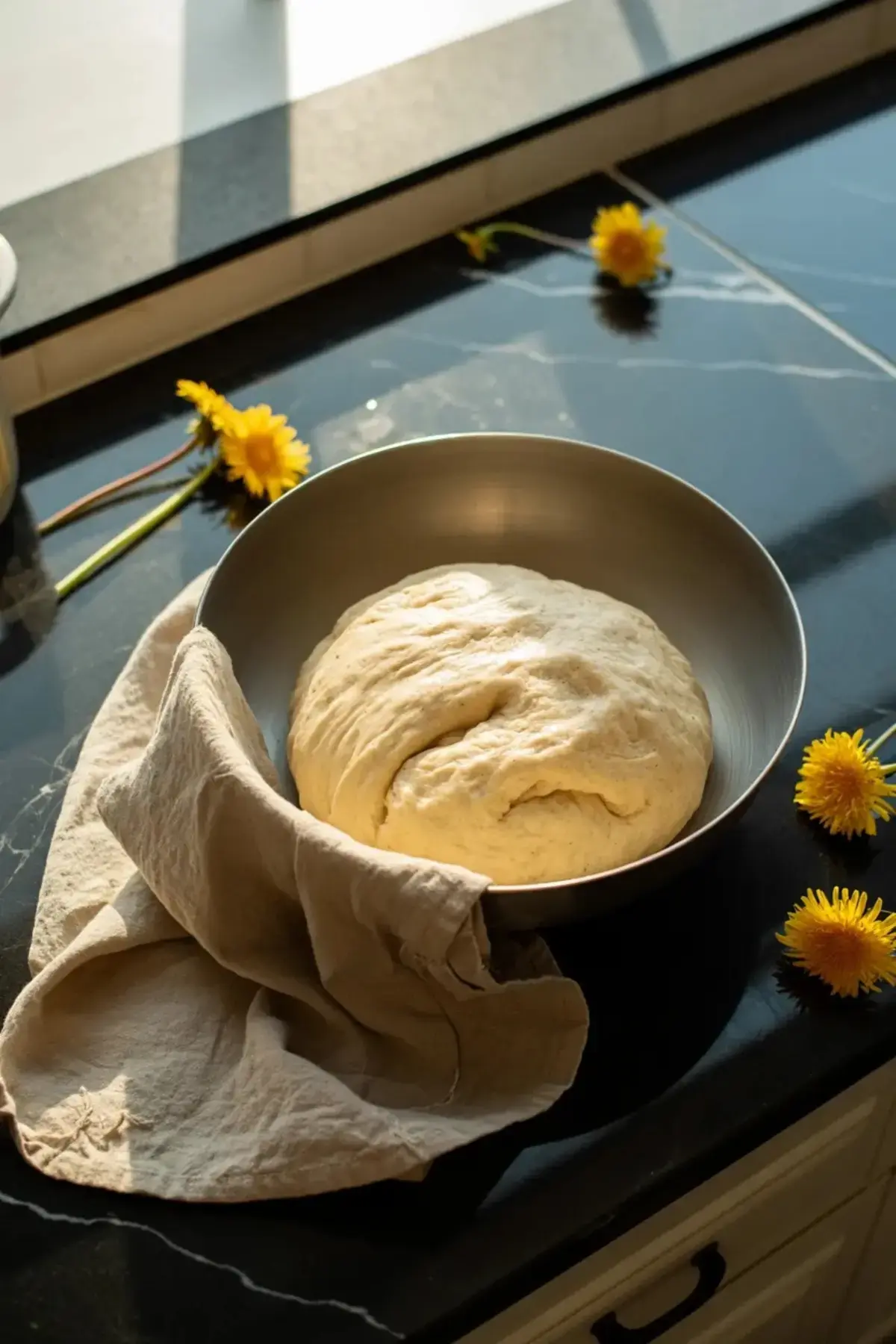 Dandelion bread dough rises in a bowl under a kitchen towel with yellow dandelion flowers beside it on a black marble counter.