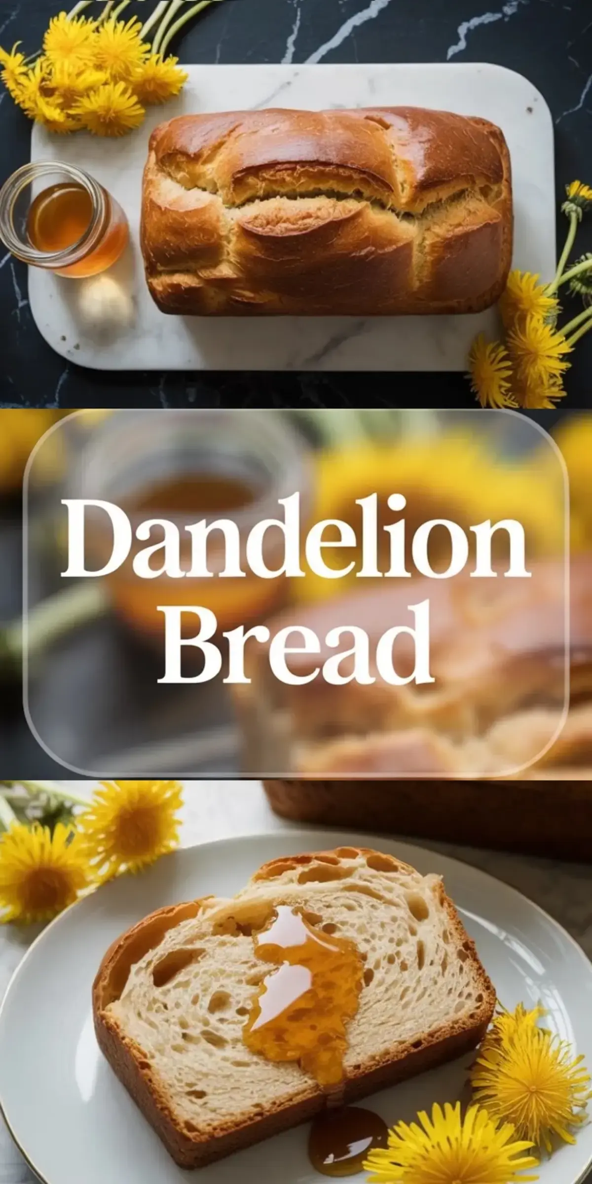Collage of finished dandelion bread with a golden loaf, sliced bread, honey, and yellow dandelion flowers on a dark counter.