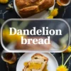 Dandelion bread is shown as a finished loaf and sliced bread with honey and yellow dandelion flowers on a black marble surface.