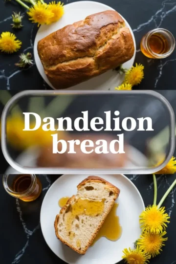 Dandelion bread is shown as a finished loaf and sliced bread with honey and yellow dandelion flowers on a black marble surface.