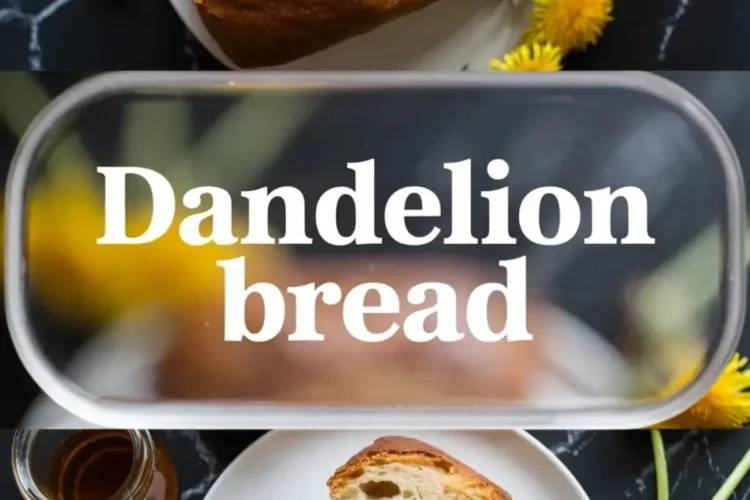 Dandelion bread is shown as a finished loaf and sliced bread with honey and yellow dandelion flowers on a black marble surface.