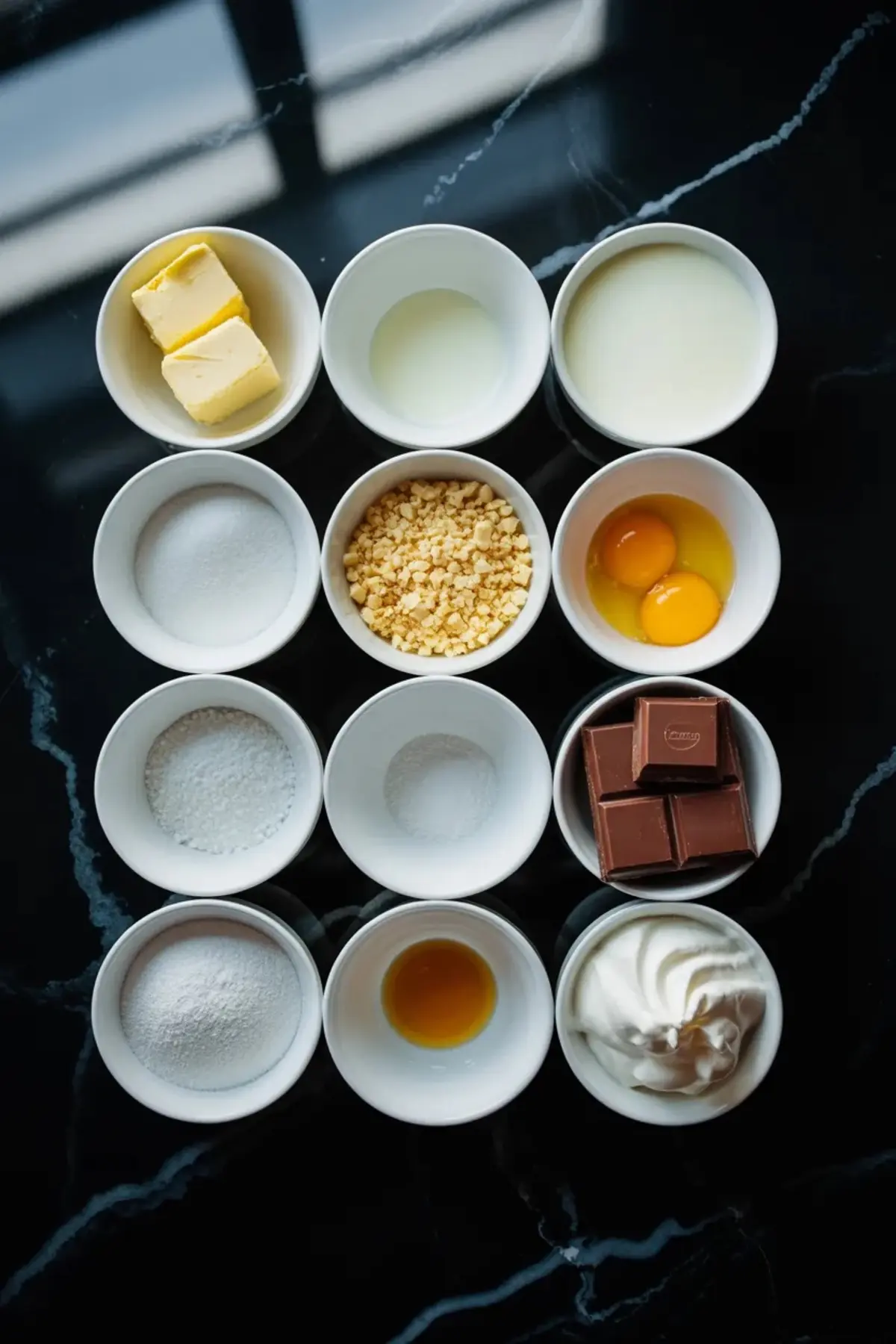 Ingredients for chocolate cream pie bars include chocolate sandwich cookies, butter, milk, cream, egg yolks, sugar, cornstarch, chocolate, and vanilla.