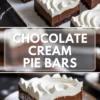 Chocolate cream pie bars are shown as chilled dessert squares with whipped cream, chocolate filling, and a dark cookie crust.