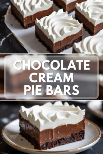 Chocolate cream pie bars are shown as chilled dessert squares with whipped cream, chocolate filling, and a dark cookie crust.