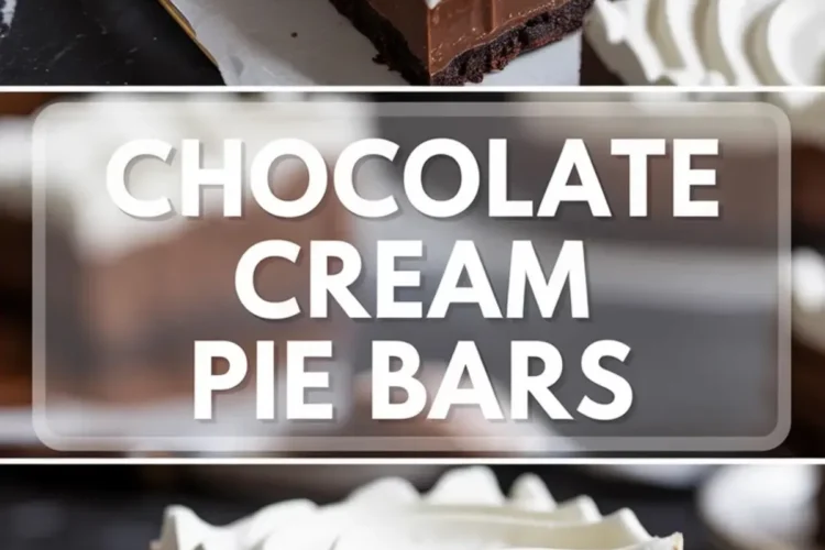 Chocolate cream pie bars are shown as chilled dessert squares with whipped cream, chocolate filling, and a dark cookie crust.
