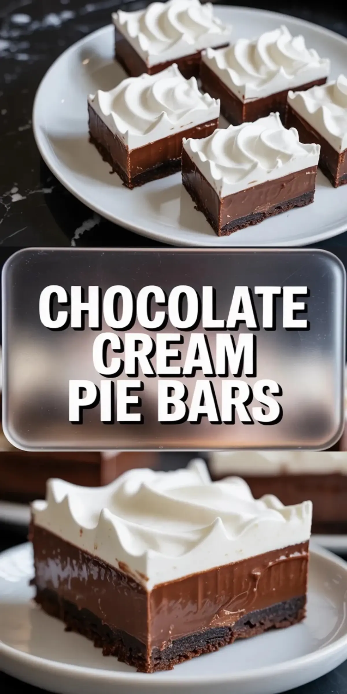 Tall collage of chocolate cream pie bars showing finished whipped cream topped squares and a close-up layered chocolate dessert bar.