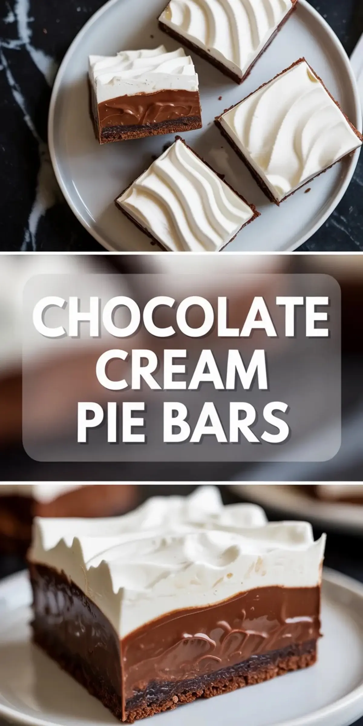 Tall collage of chocolate cream pie bars with whipped cream topping, creamy chocolate filling, and chocolate cookie crust.