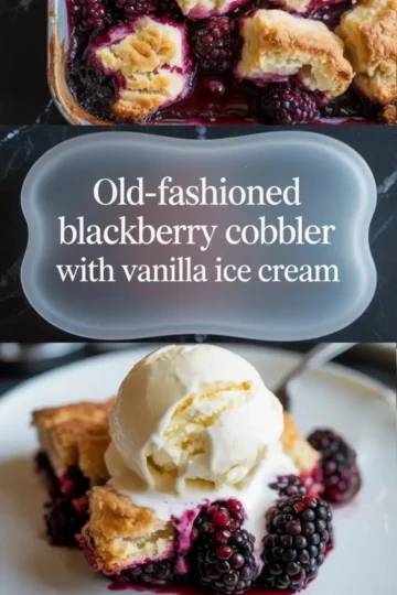 Old fashioned blackberry cobbler with vanilla ice cream is shown with a baked berry cobbler and a warm served portion.