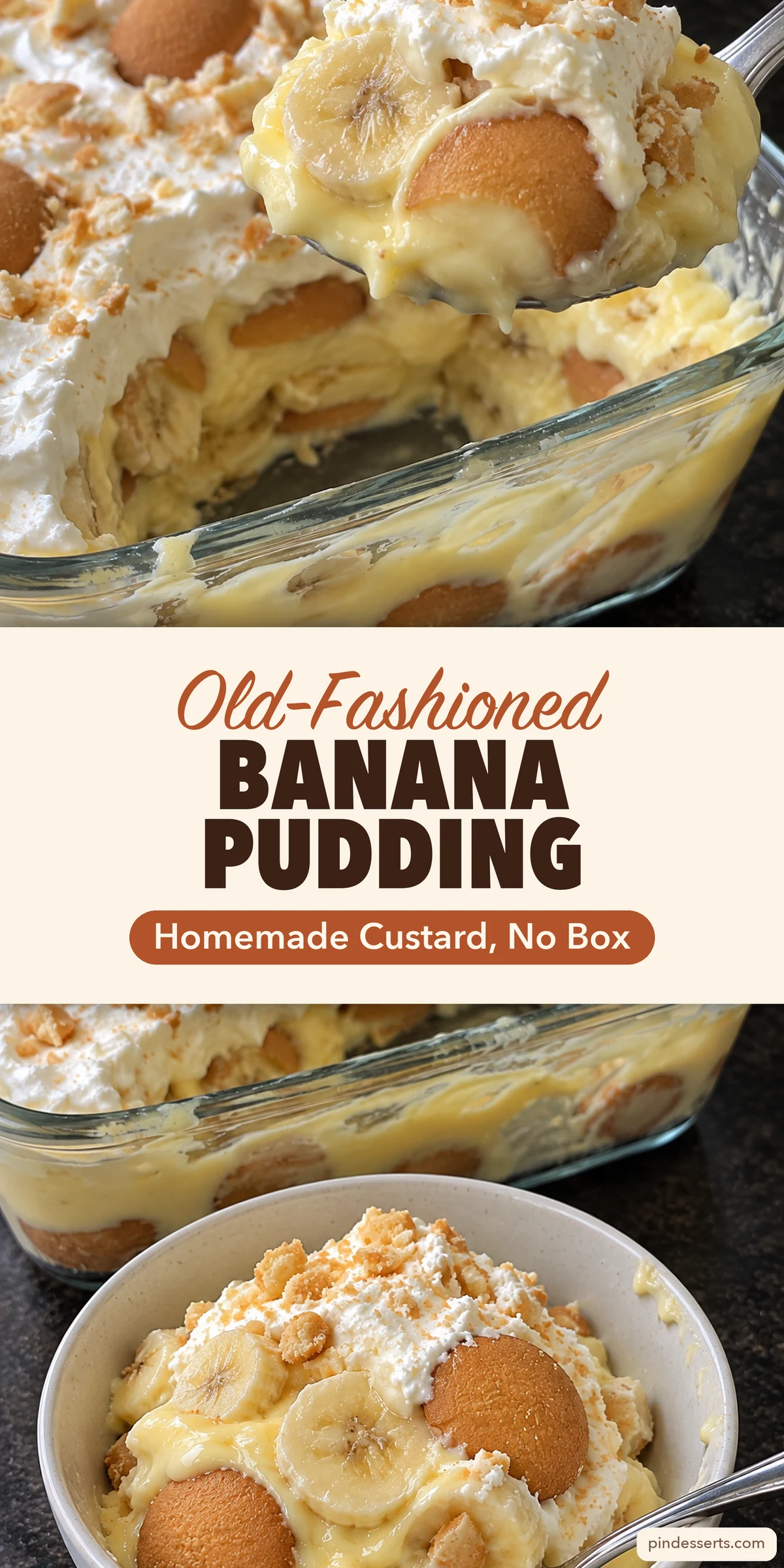 Banana pudding collage: a spoonful lifted from a glass dish of layered custard, bananas and vanilla wafers above a bowl of banana pudding topped with whipped cream, titled "Old-Fashioned Banana Pudding, Homemade Custard, No Box".