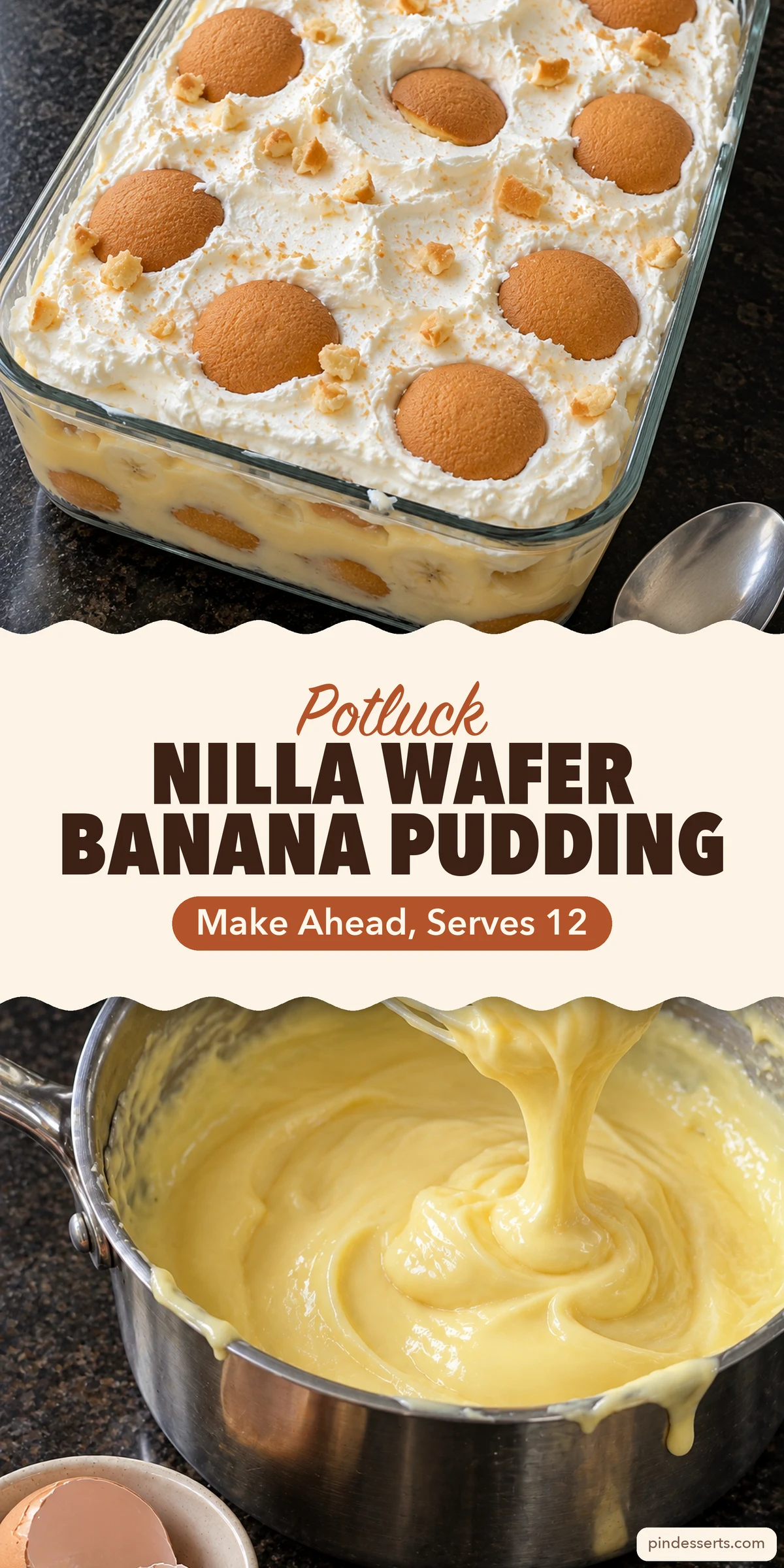 Nilla wafer banana pudding collage: a whipped-cream-topped glass dish of banana pudding with whole wafers above a saucepan of thick vanilla custard, titled "Potluck Nilla Wafer Banana Pudding, Make Ahead, Serves 12".