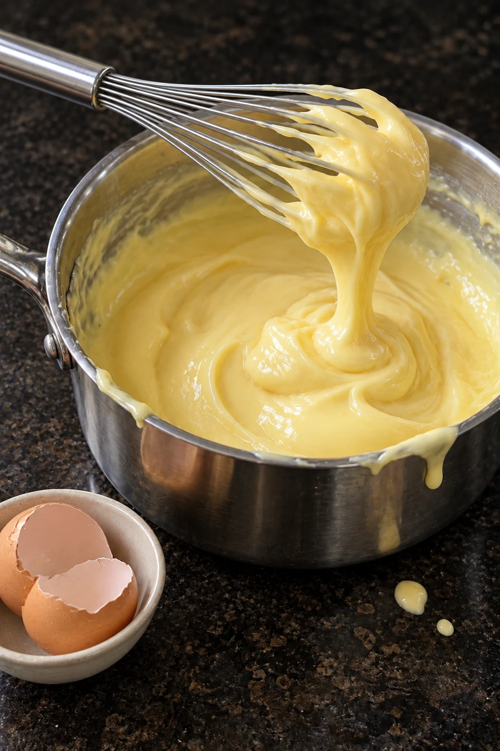 Thick, glossy homemade vanilla custard in a stainless steel saucepan, with a whisk lifting a ribbon of custard and a small bowl of cracked egg shells beside the pan.