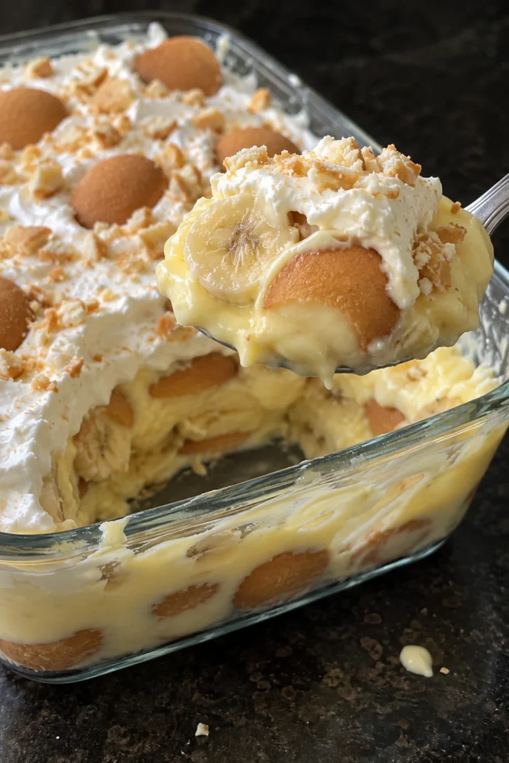 A spoonful of old-fashioned banana pudding lifted from a glass 9x13 dish, showing vanilla custard, a banana slice and a soft whole vanilla wafer under whipped cream, with custard and wafer layers visible through the side of the dish on a black stone counter.