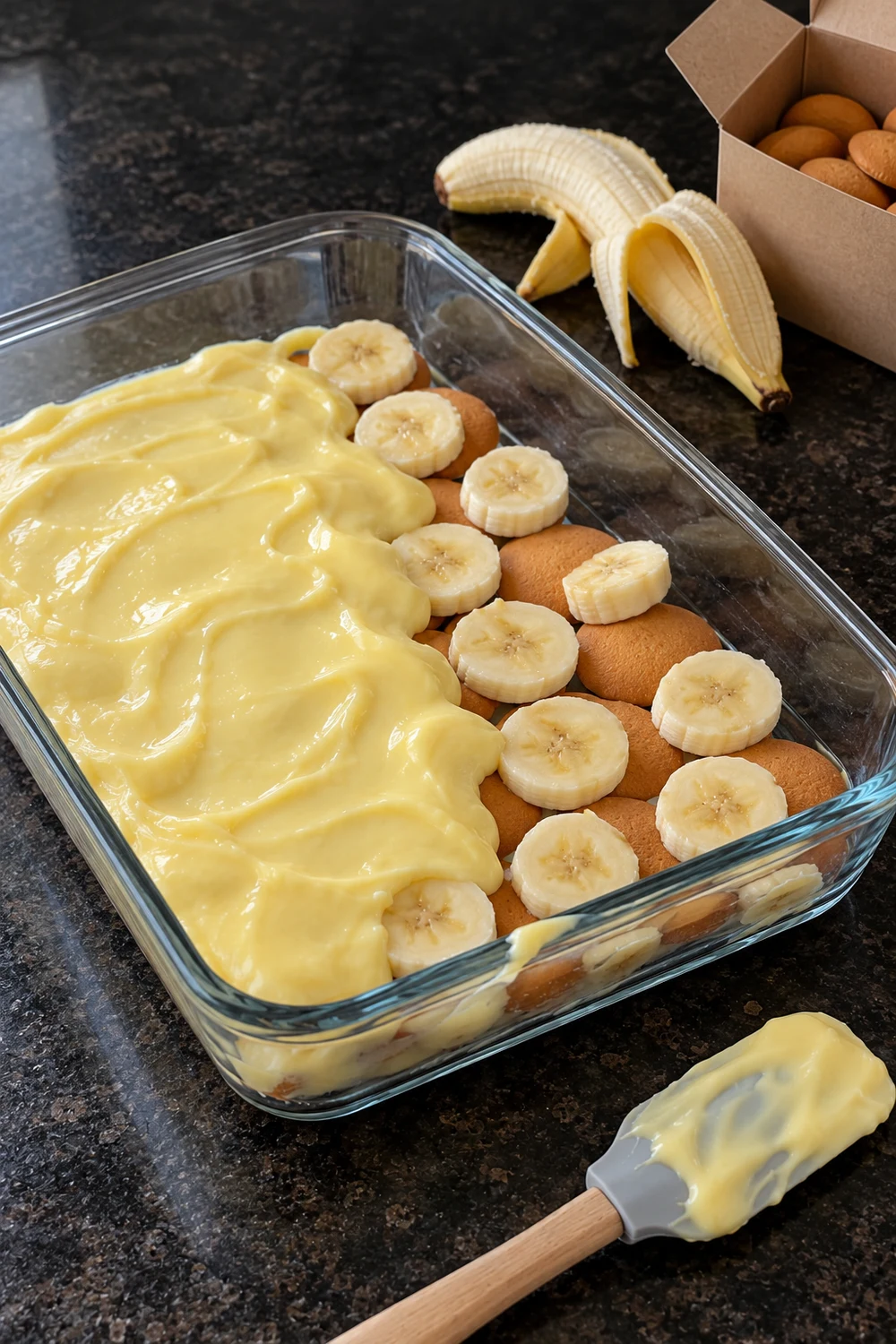 Banana pudding being layered in a glass 9x13 dish: whole vanilla wafers covered with banana slices, half of them spread with yellow custard, a custard-coated spatula and a box of wafers beside the dish.