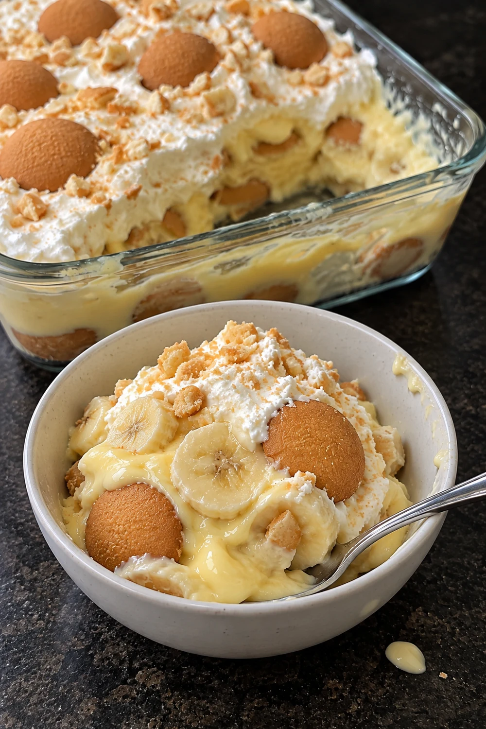 A white bowl of banana pudding with custard, banana slices, softened whole vanilla wafers and whipped cream, a spoon resting in the bowl and the glass dish of pudding behind it.