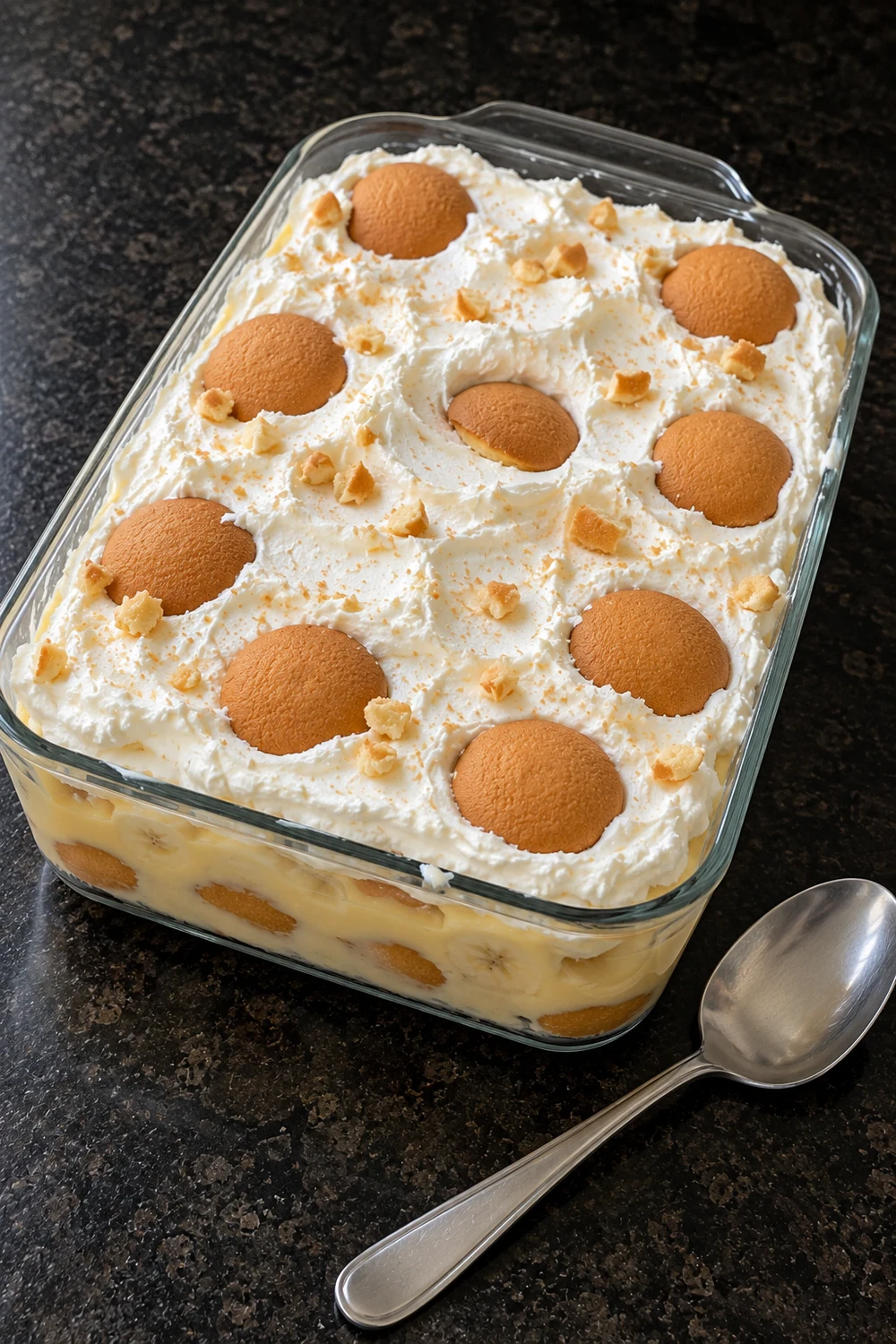 A full glass 9x13 dish of chilled banana pudding topped with hand-spread whipped cream, whole vanilla wafers pressed in and a light scatter of wafer pieces, with a serving spoon on the counter.