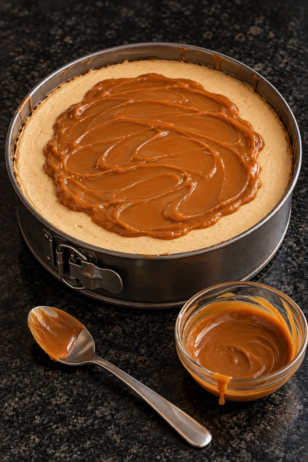Melted cookie butter spread in swirls over the middle of a chilled cheesecake still in its springform pan, with a spoon and a small bowl of warm cookie butter beside it.