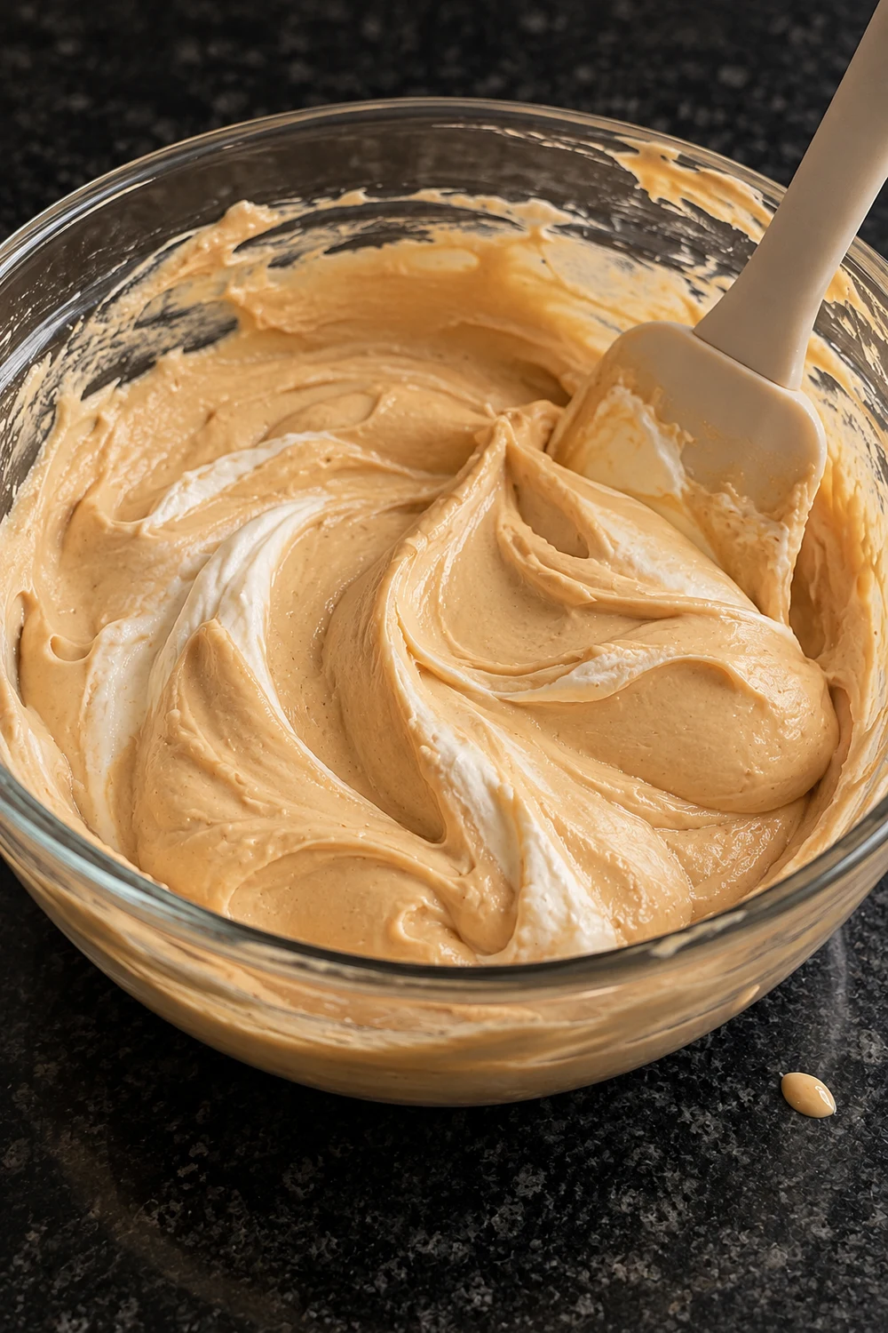 Caramel-colored cream cheese and cookie butter filling in a glass bowl with white streaks of whipped cream still being folded in, a spatula resting against the side.