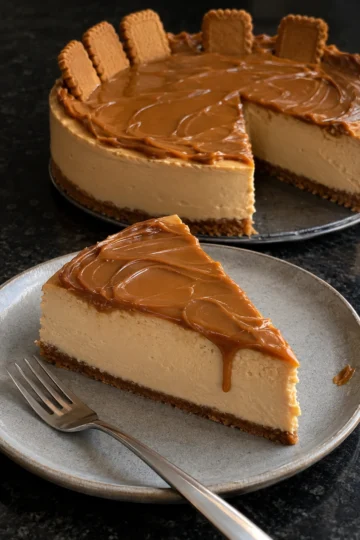 A slice of no-bake Biscoff cheesecake on a grey stoneware plate with a fork, a glossy cookie butter top dripping down the cut side over a pale caramel filling and a thin cookie crust, the rest of the cheesecake behind it with speculoos cookies standing in the top.
